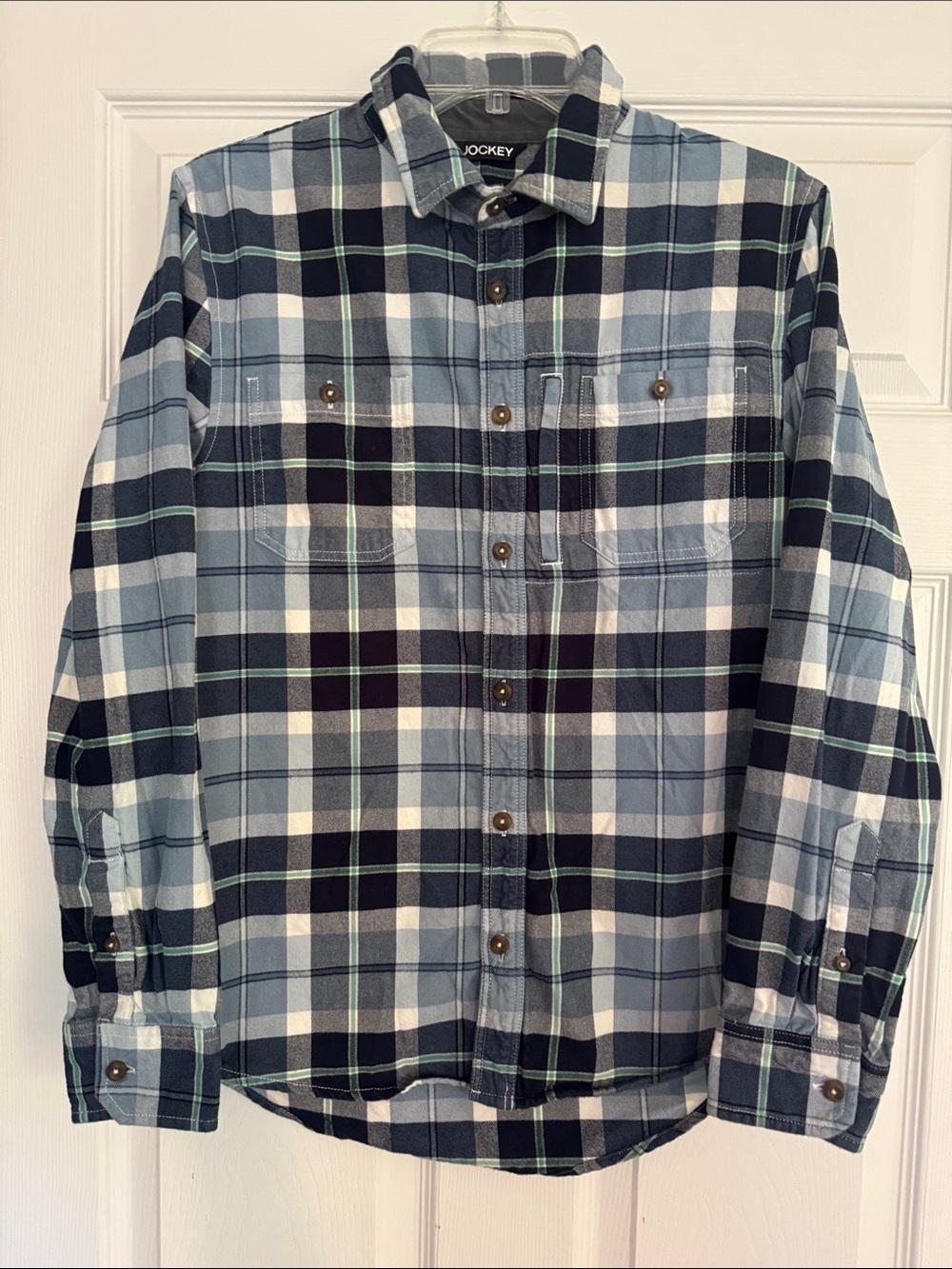 Jockey Men's 100% cotton Light and Navy Blue Plaid Button-Down Shirt